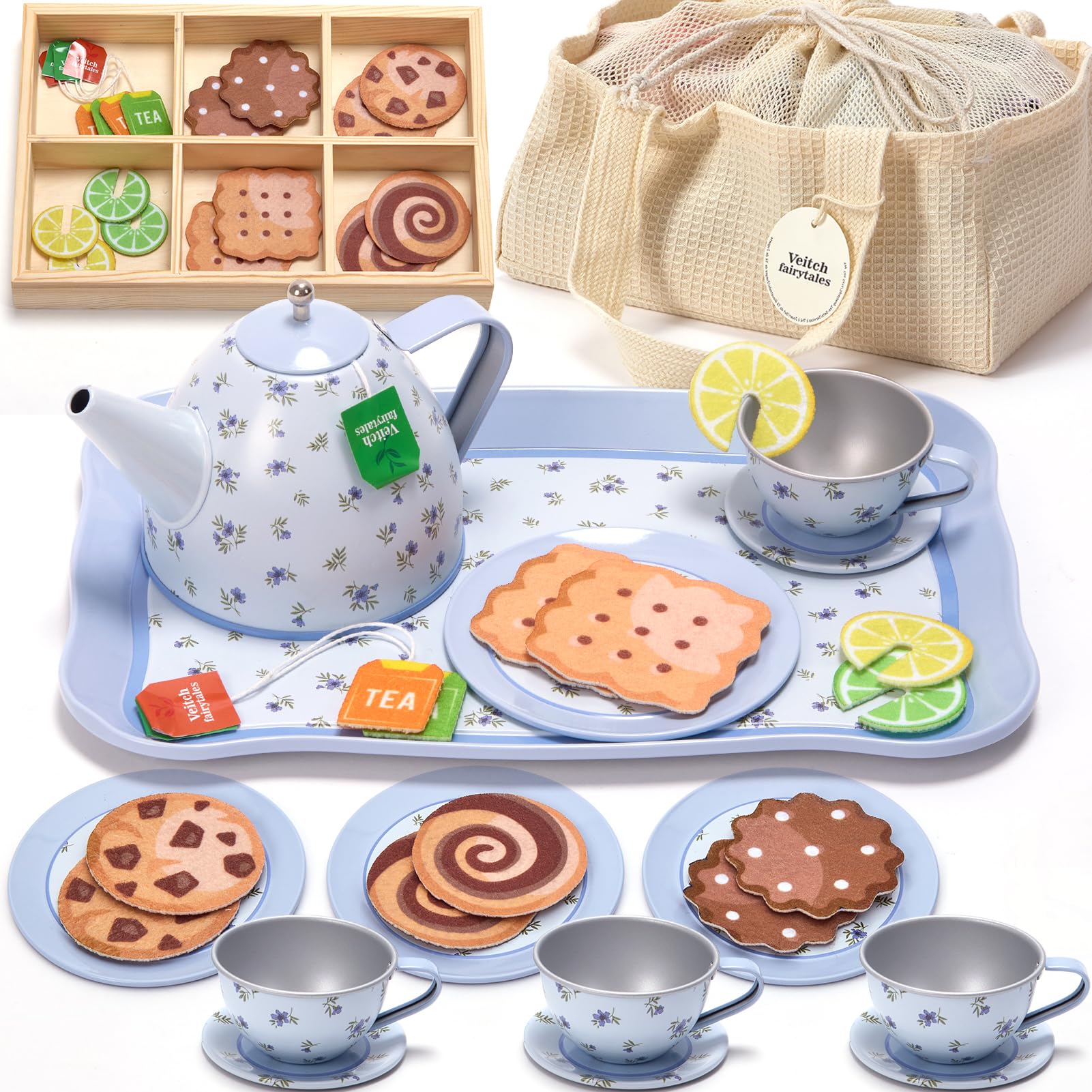 Veitch fairytales Kids Tea Party Set for Little Girl, Tea Sets for Toddler Pretend Play Food Kitchen Toy Accessories Gift for 3 4 5 6 Years Old Girls Boys (Blue) — image 1