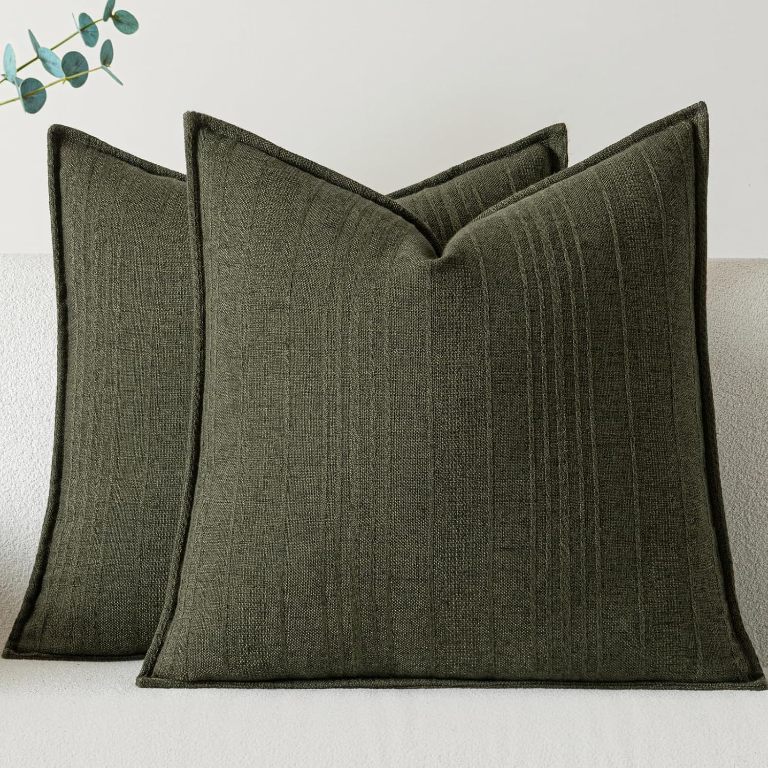 a moment Linen Pillow Covers Set of 2,Boho Farmhouse Throw Pillowcases Neutral Textured Decorative Covers for Couch Sofa Bed, Soft Linen Blend Accent Case Cushion Home Decor 18"x18"Dark Green Dark Green 18" x 18" (Pack of 2)