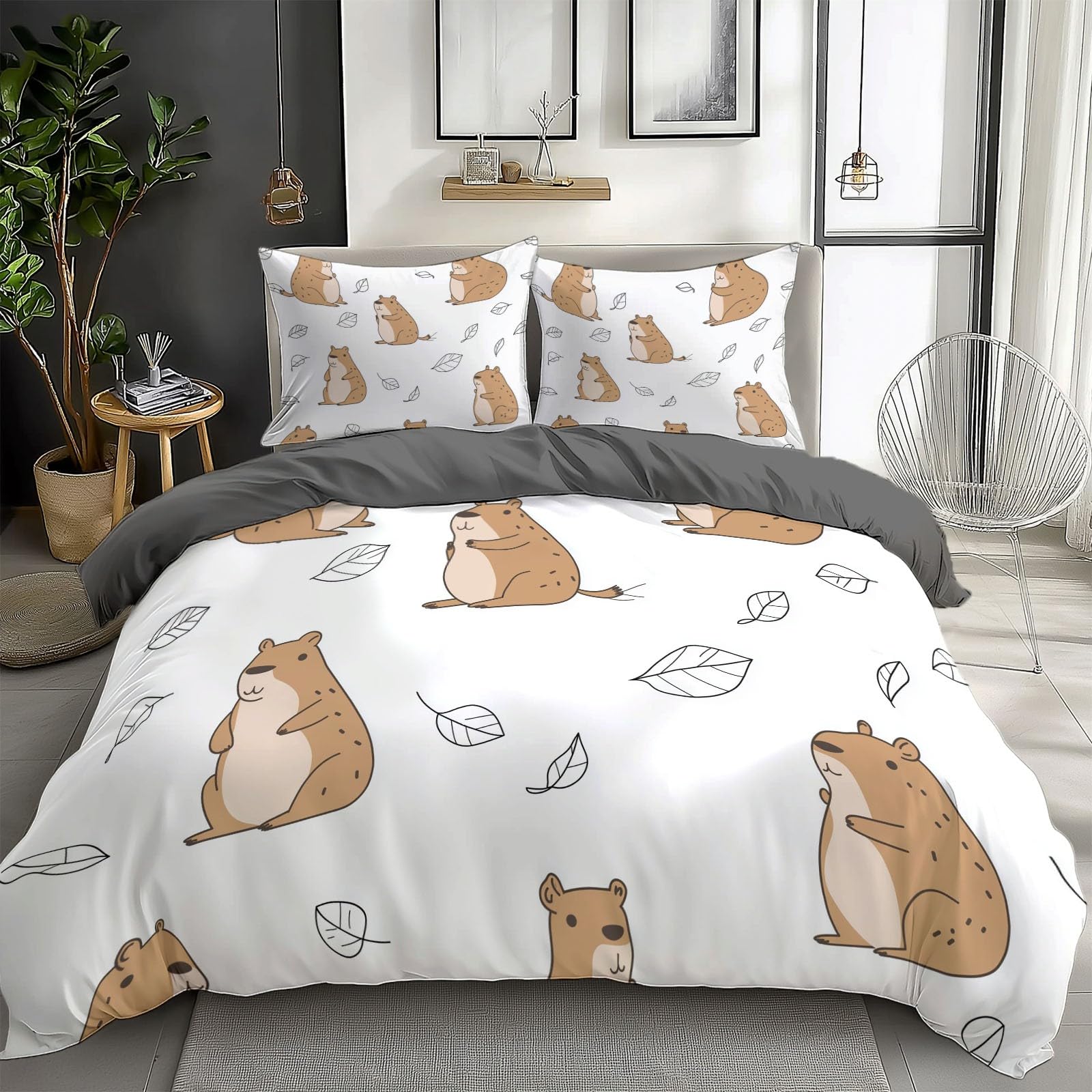 California King Duvet Cover Cartoon Animal Capybara Cal King Bedding Duvet Cover Set, 3 Pieces, Soft and Breathable Comforter Cover with 2 Pillow Shams, for All Season