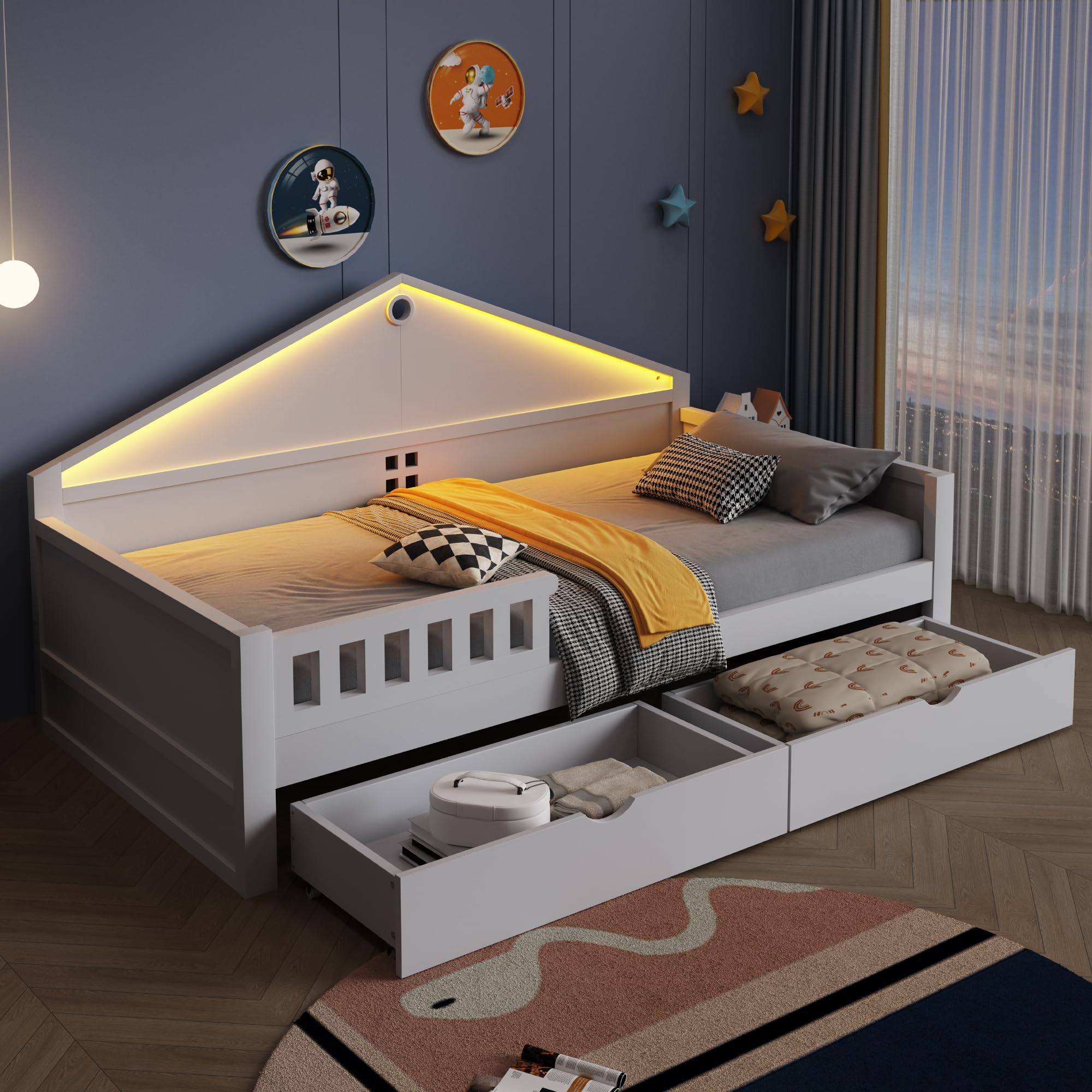 Lettino per bambini, 90 x 200 cm, con barra luminosa, cassetti, rete a doghe, letto singolo, letto per ragazzi, bianco