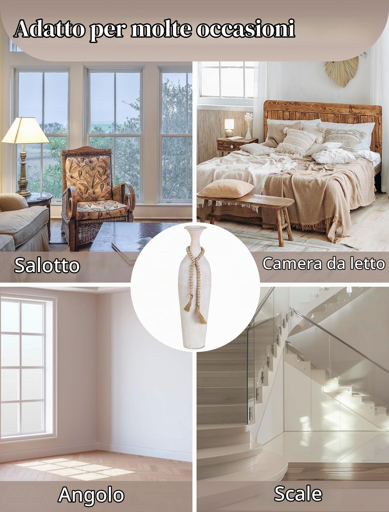 Sziqiqi Vaso da Terra Alto Bianco: 60 cm Grandi Vasi Rustica con Perline Boho per Pampas Piante Finte - Metallo Vaso Alto da Interno per Decorazione Casa Soggiorno Stile Farmhouse Camino