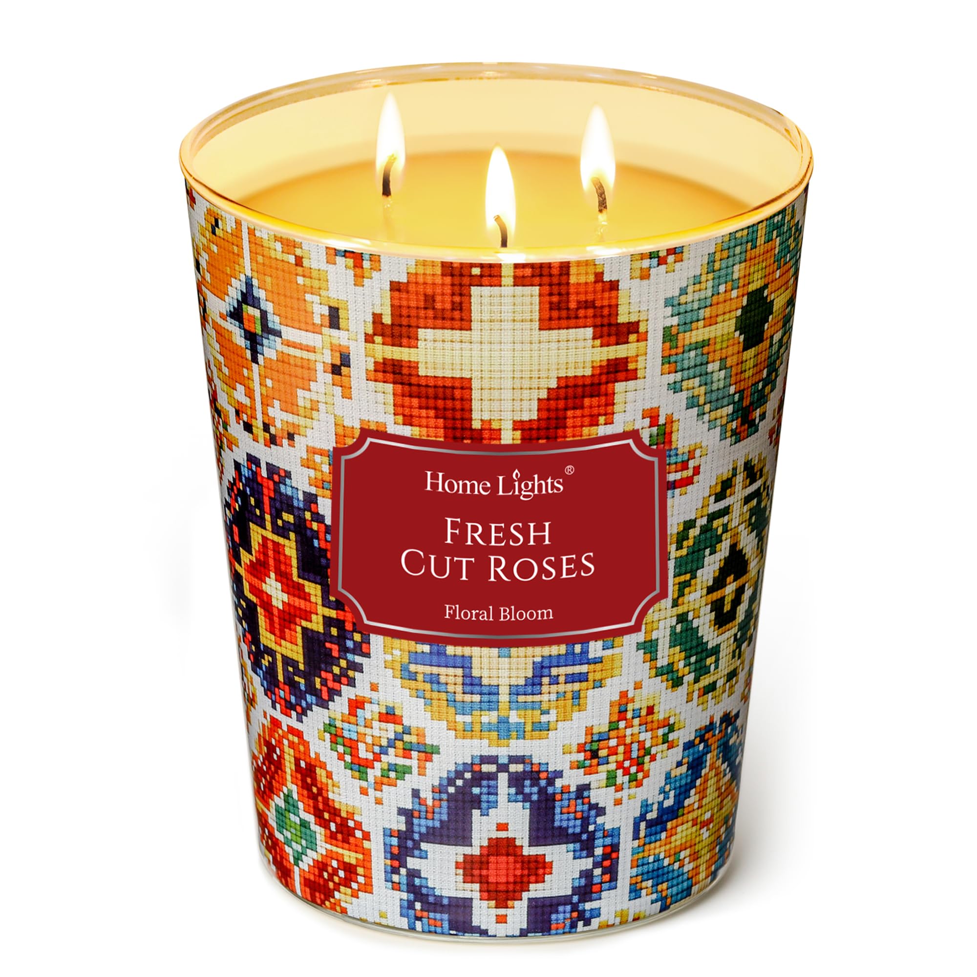 Home Lights 3-Wick Candles for Home Scented - 34oz Soy Wax Blend Candle Long-Lasting Fragrance, Bohemian Natural Textures Home Decor and Housewarming Gifts, Fresh Cut Roses