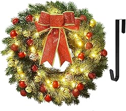 Juegoal 16 Inch Pre-Lit Christmas Wreath with Metal Hanger, Large Red Bow and Colored Balls, Battery Operated with Warm White 40 LEDs Lights, Front Door Spruce Lighted Wreath X-max Decorations