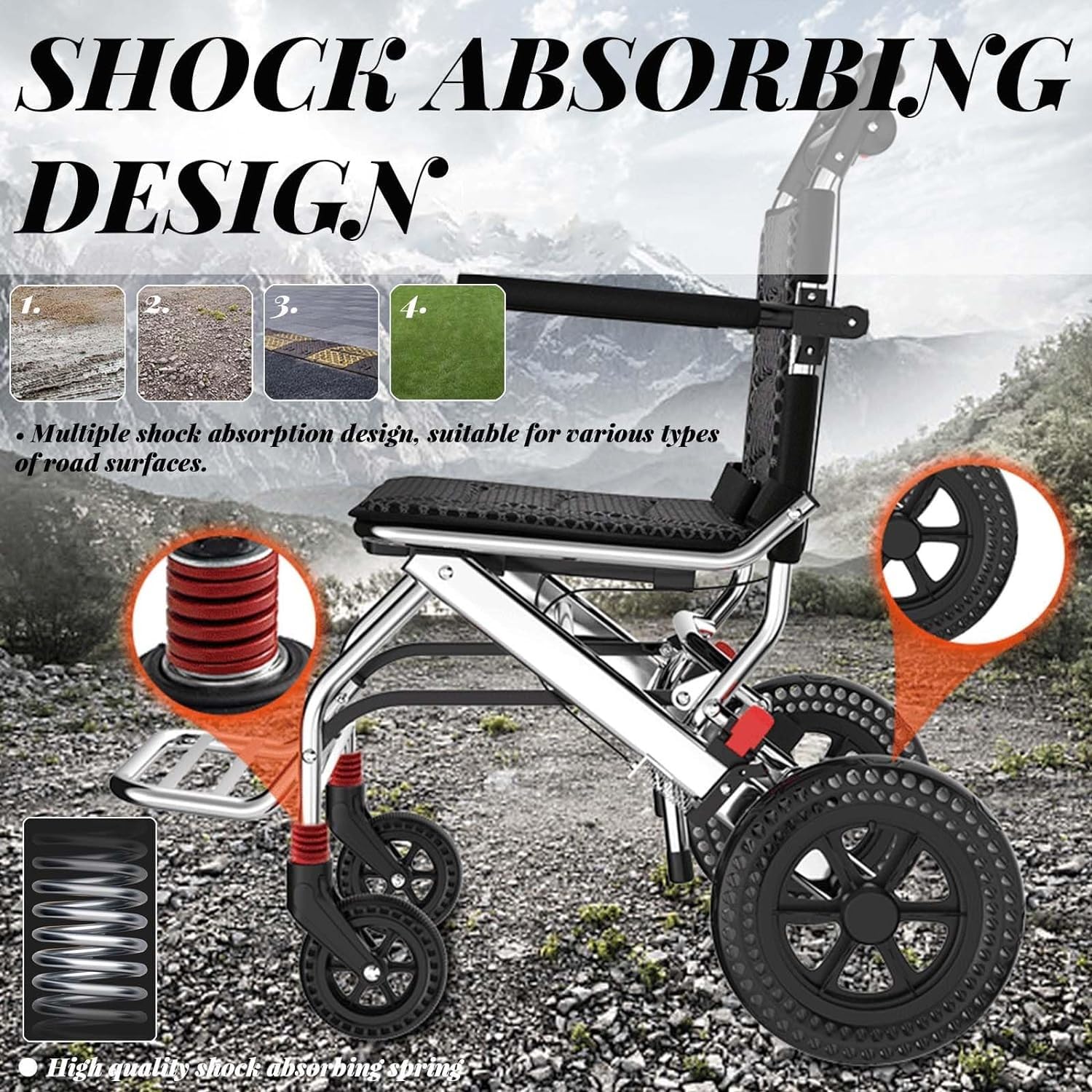 Silla de ruedas plegable de viaje con barra de tracción, diseño ultraligero para uso doméstico y festivo, marco de aluminio con neumáticos de 8 pulgadas y asiento de 45 cm