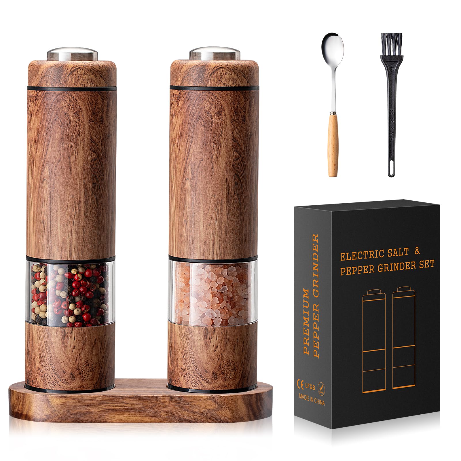 Fruspace electric salt and pepper grinder set wood grain design with wooden base and LED