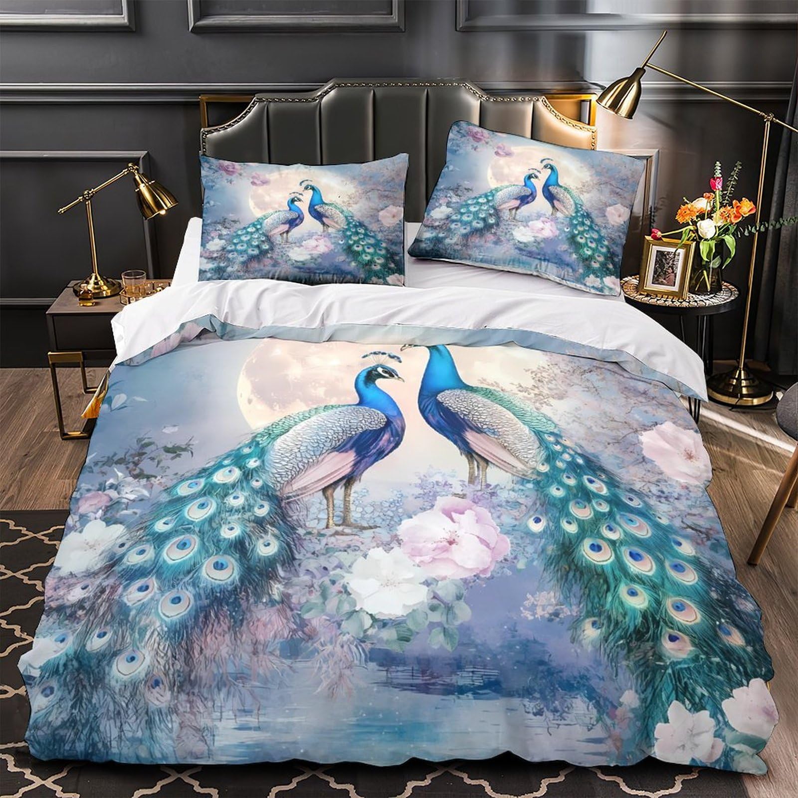 Housse de couette paons hypoallergénique ultra douce et parure de lit 140x200cm