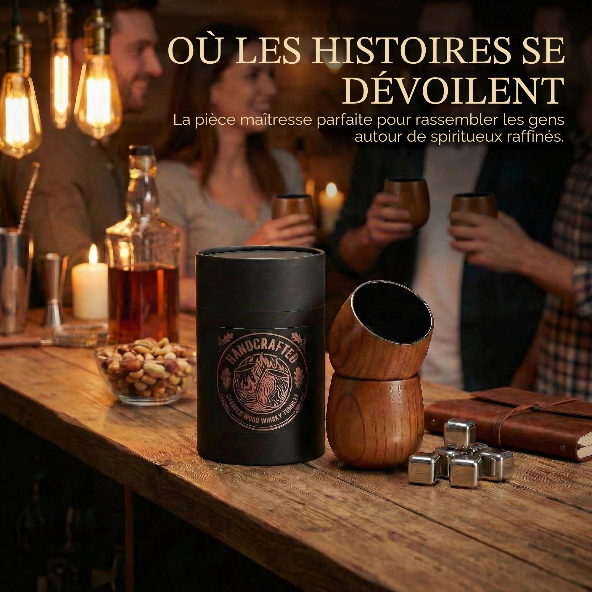 Verres à whisky en bois flammé, lot de 2 (300 ml) – Verres Old-Fashioned/Bourbon faits main – Cadeau incassable pour hommes et amateurs de whisky pour la fête des pères, anniversaire, Noël