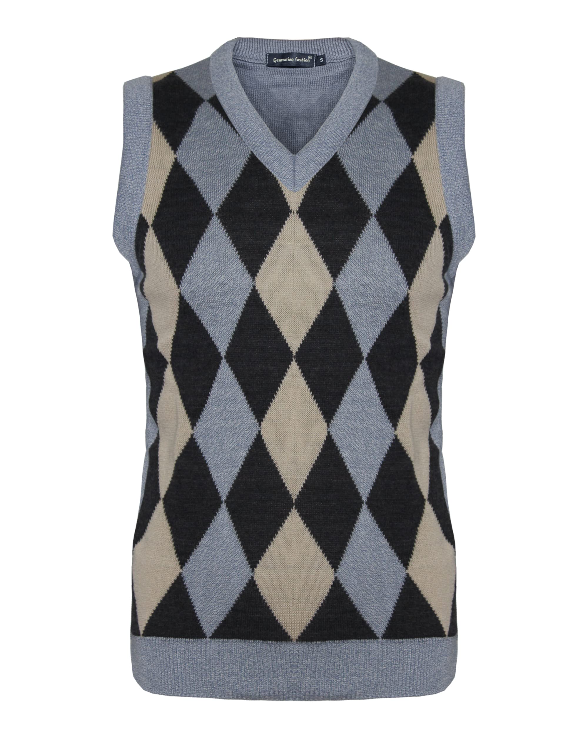 Men Knitted Vest Tank Top Jacquard Argyle Sleeveless Sweater Pullover Jumper V-Neck Slim Fit[Sky-Black,
