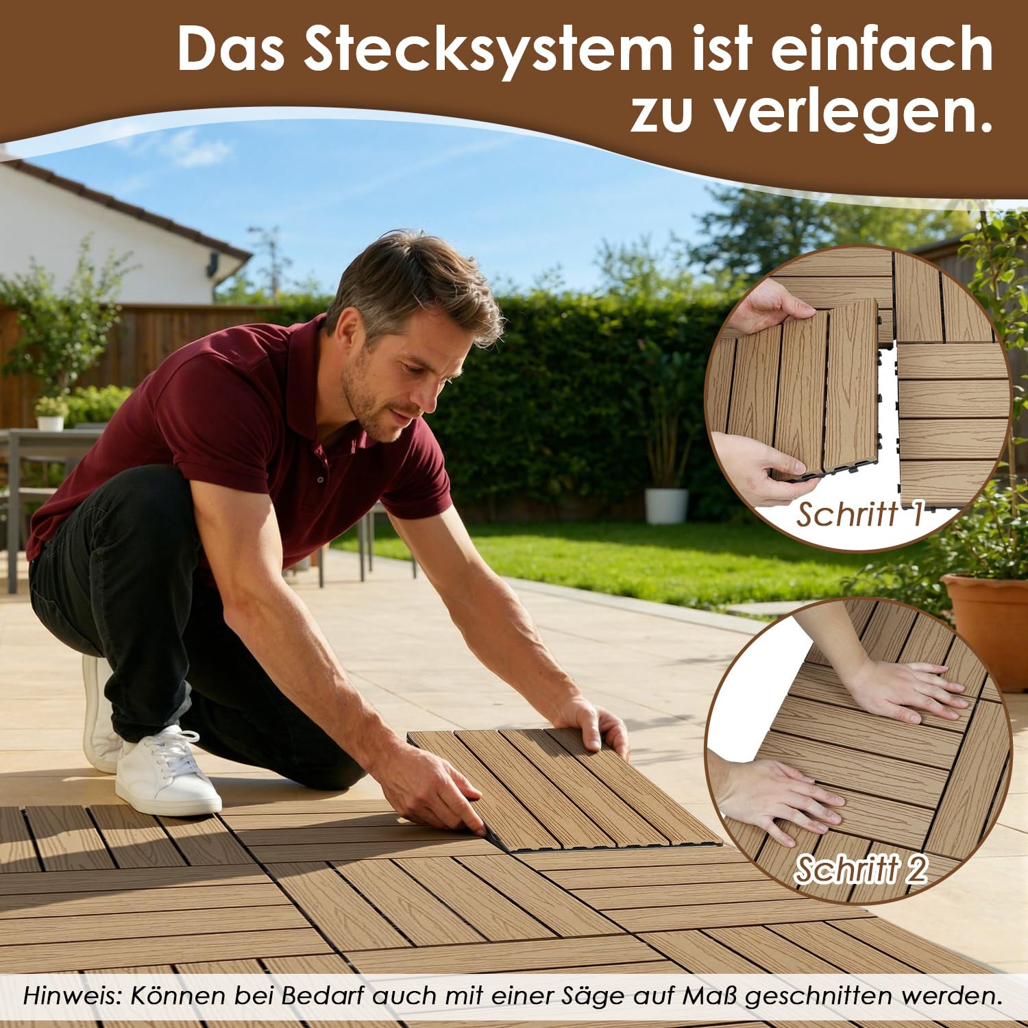 Piastrelle per terrazze in WPC, 30 x 30 cm, 22 pezzi, per balconi da 2 m², resistenti alle intemperie, sistema a clic, impermeabili, per terrazze, esterni, teak