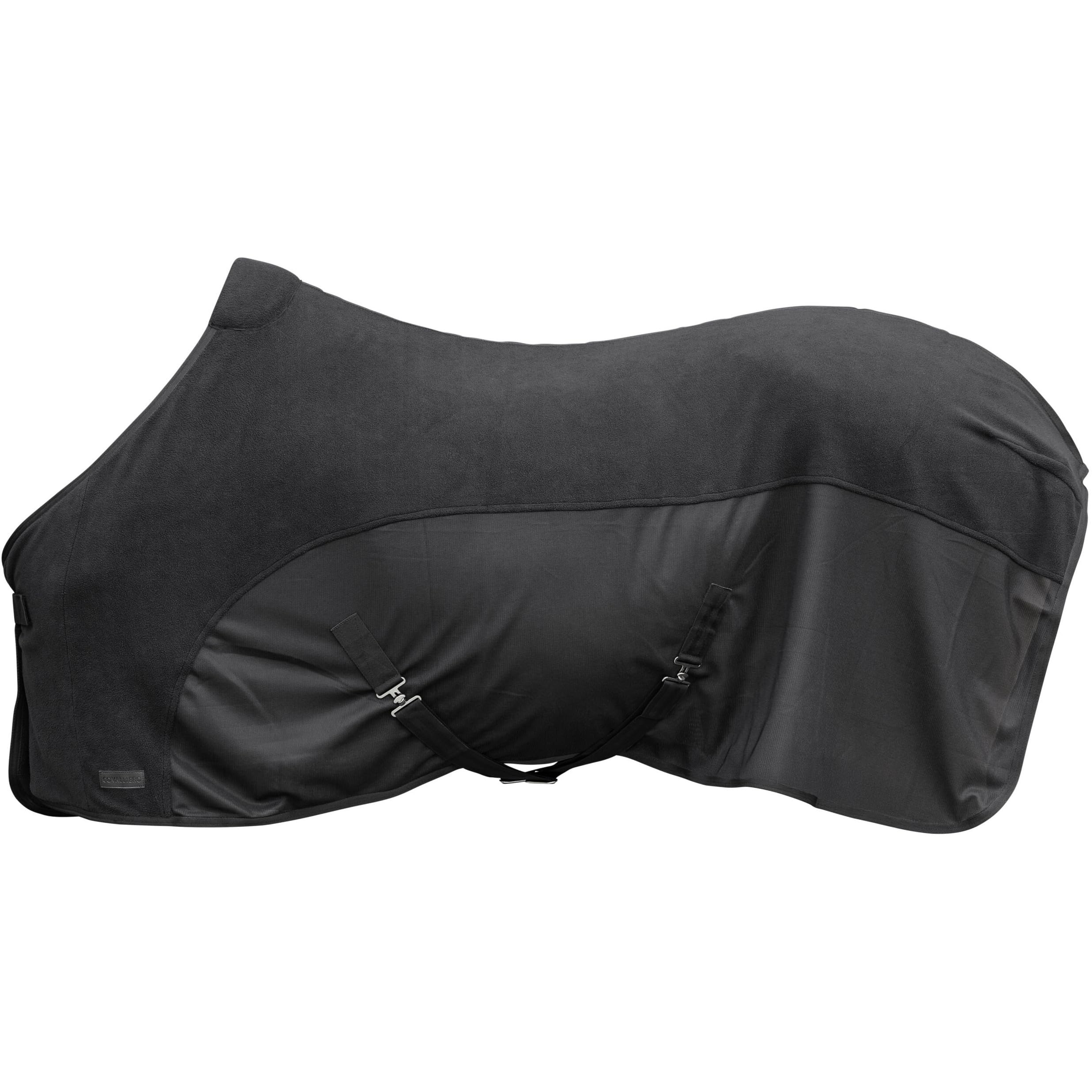 Covalliero - Abschwitzdecke FS26 – Pferdedecke mit Brustverschnallung, Kreuzgurten & Schweifriemen – leicht & atmungsaktiv – Transport- & Fliegendecke in Schwarz (Black) – Gr. 145cm