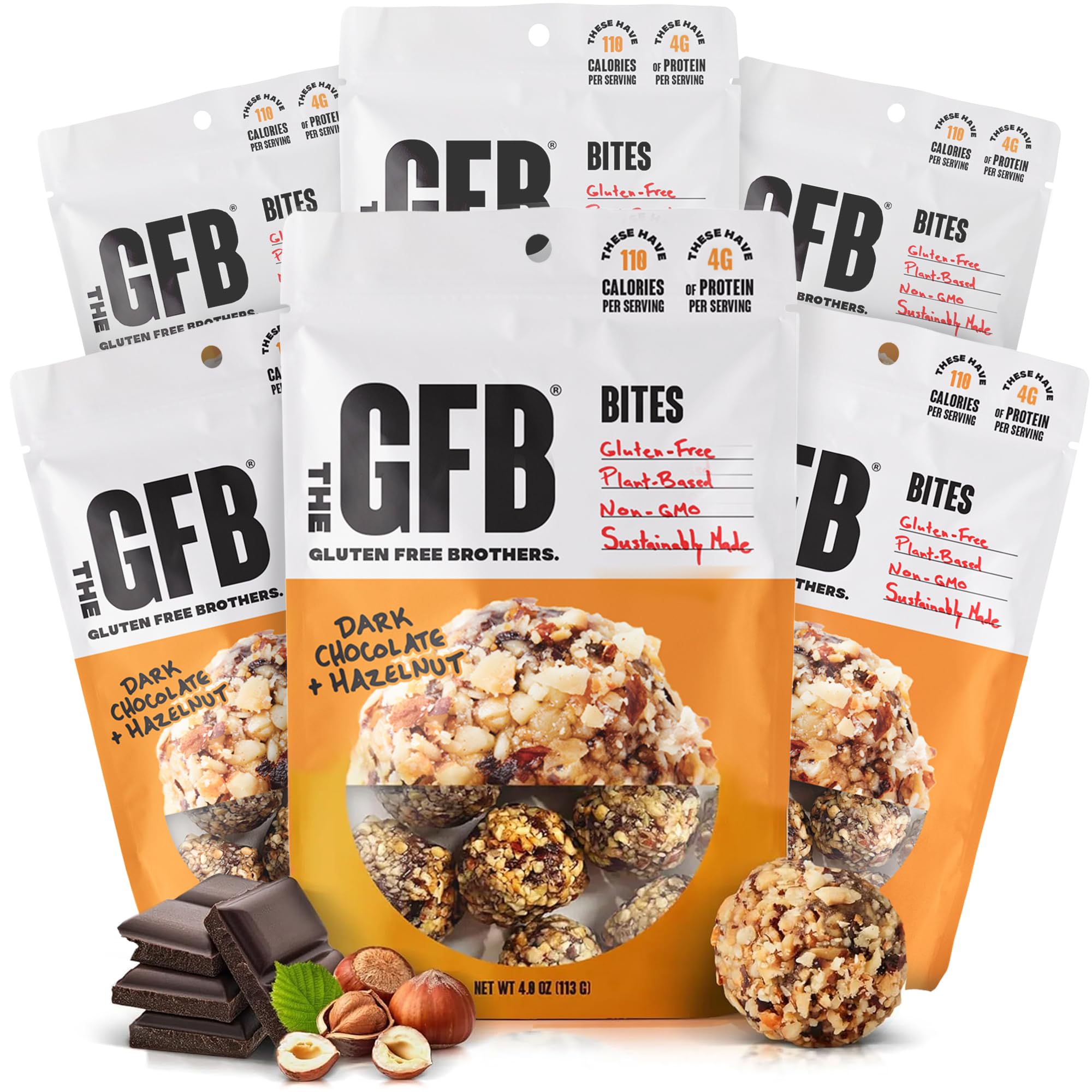 - The GFB Dark Chocolate Hazelnut Protein Bites - Gluten Free, Plant Based, Non GMO, Sustainably Made – Ridiculously Tasty, Healthy, Vegan, Protein Energy Balls, 4 oz (6 Count)