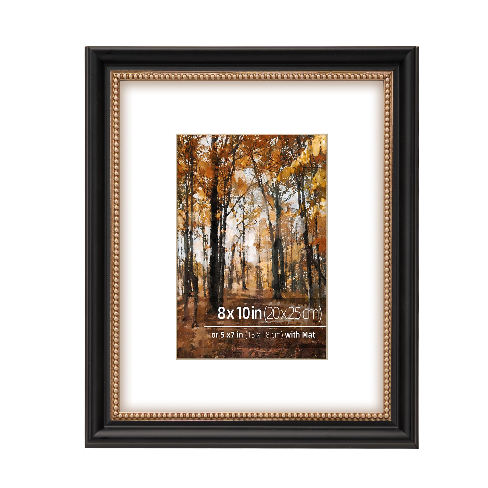 Eitida Vintage Black 8X10 In Wood Classic Black Picture Frame, Ornate Gold Beaded Inner, Matted For 5X7 Photo, Tabletop Or Wall Mount Display, Black