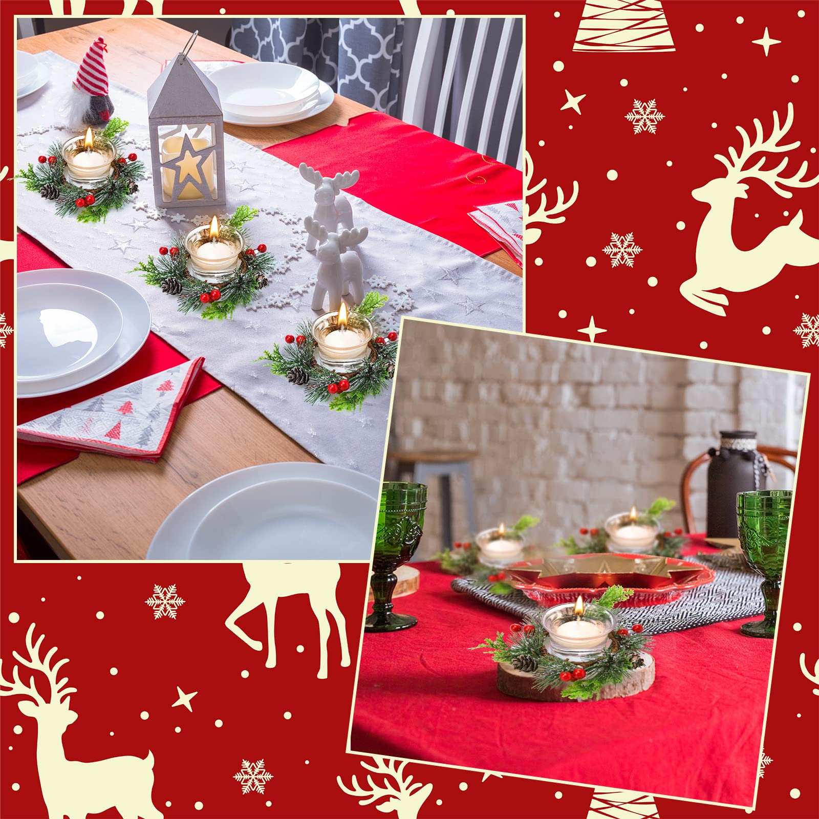 Juego de 12 portavelas votivos de Navidad que incluye 4 anillos de vela de bayas de Navidad, 4 portavelas decorativos de cristal, 4 velas votivas blancas para boda, cumpleaños, vacaciones