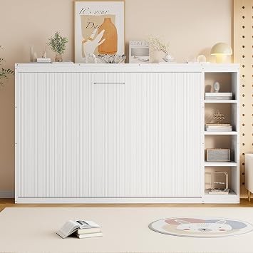 Full Size Murphy Bed, Wooden Wall Cabinet Bed with Bookshelf, White