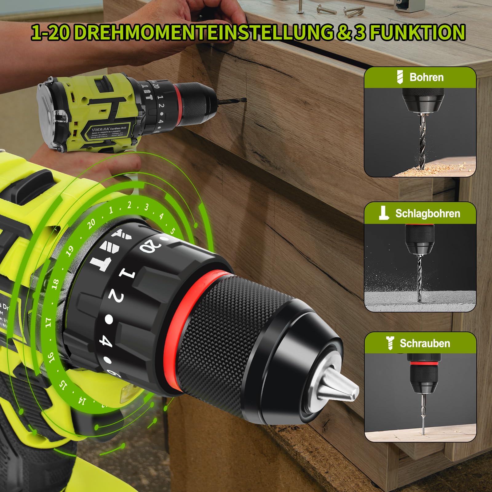 VOERJIA Set avvitatore a batteria, 21 V, trapano a batteria senza spazzole, 2 x 2000 mAh, mandrino 3/8", coppia 20 + 3, trapano max 65 N.m, luci LED e 2 marce, 46