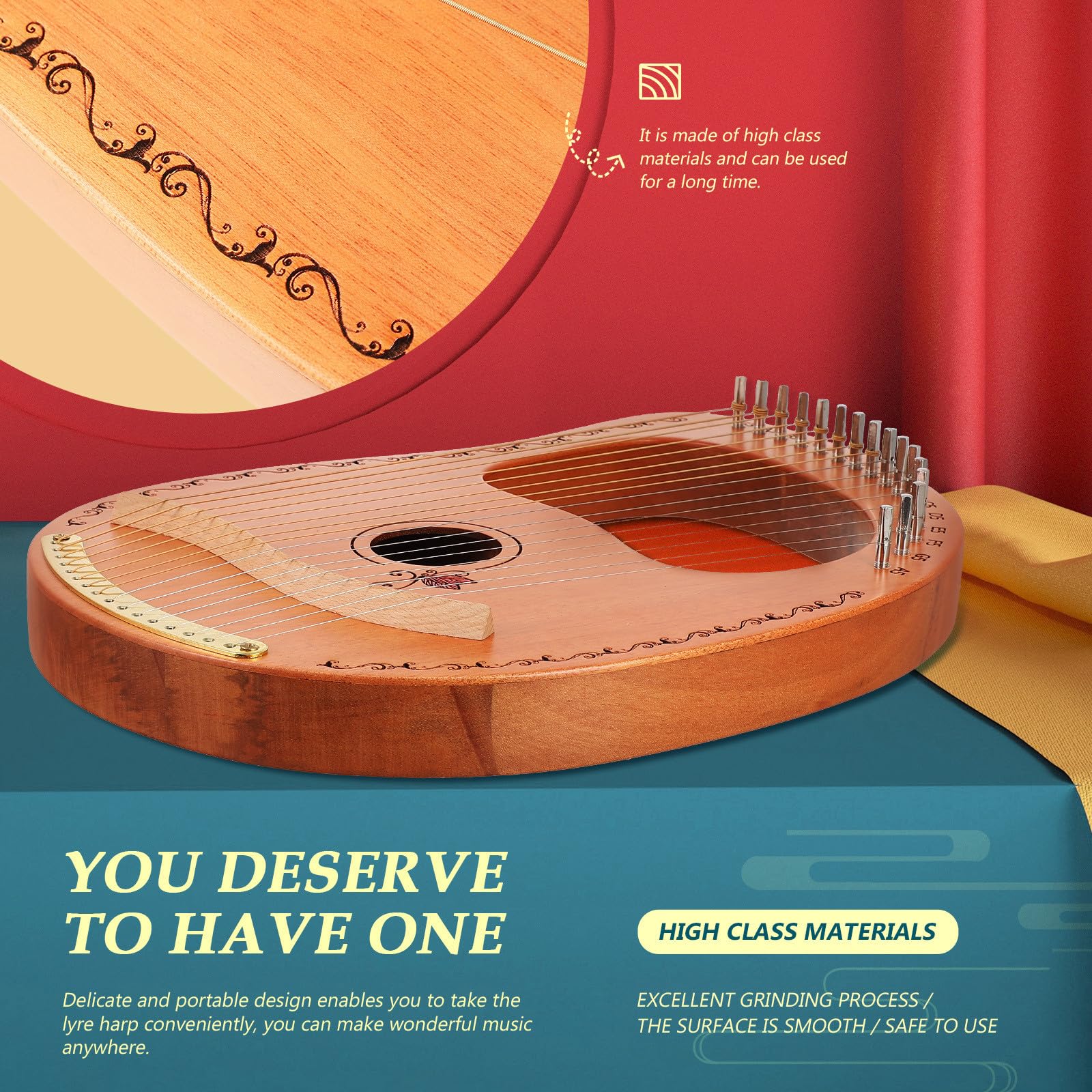 GANAZONO Strumento Musicale 16 Corde per Principianti e Superficie Liscia Arpa Lira in Legno Portatile Design Delicato e Performance