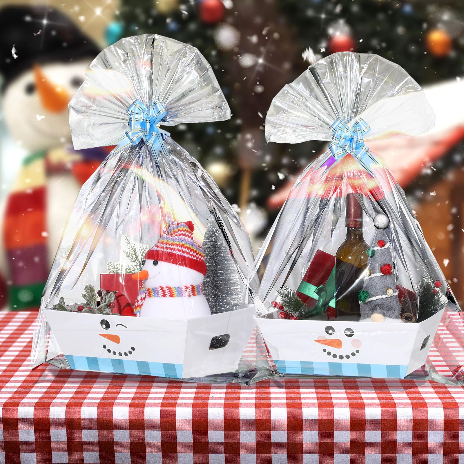 Cholemy Confezione da 12 cesti regalo vuoti natalizi da 30,5 x 25,4 x 10 cm, include 12 cestini di cartone con faccia di pupazzo di neve, 12 sacchetti di plastica e 12 fiocchi, grandi cesti regalo di