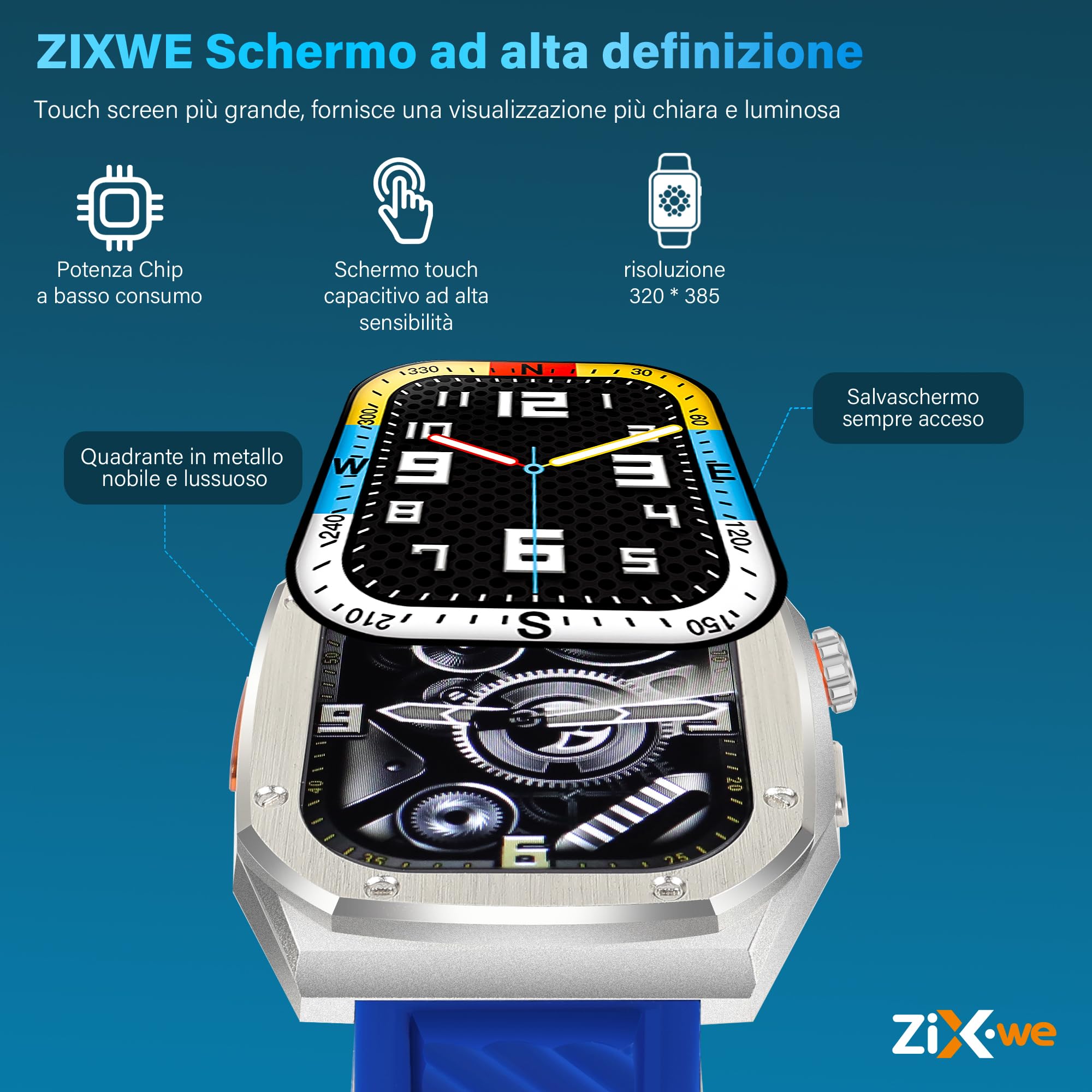 Smartwatch Uomo Donna con Display Amoled 2.1’’ Sempre Acceso, 460 mah Batteria a Basso Consumo, Impermeabile IP68, Telefonate Bluetooth, Sonno Cardiofrequenzimetro, +120 Modalità Sportive (Blu)