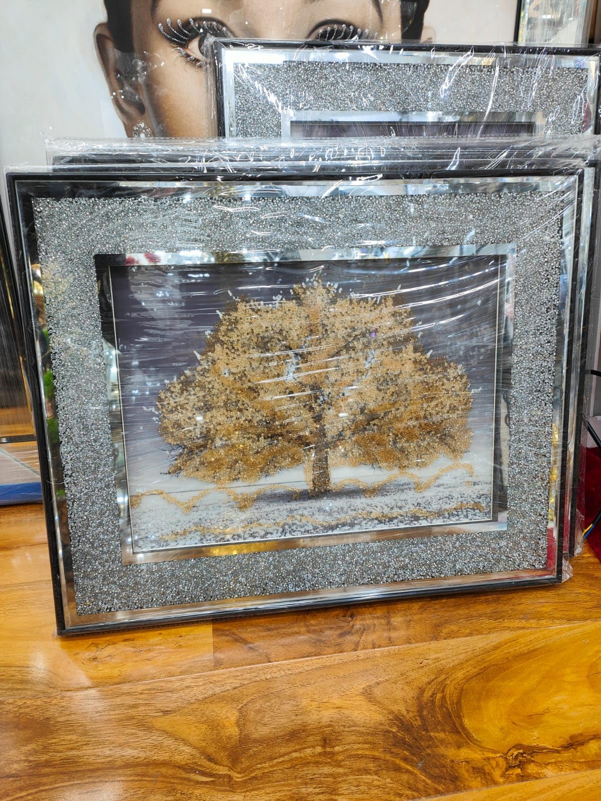 Biznest Gold Crushed Crystal Silver Blossom Tree Modern 3D Glitter Liquid Art Crush Frame Picture Wall Art 55X45cm (Gold)