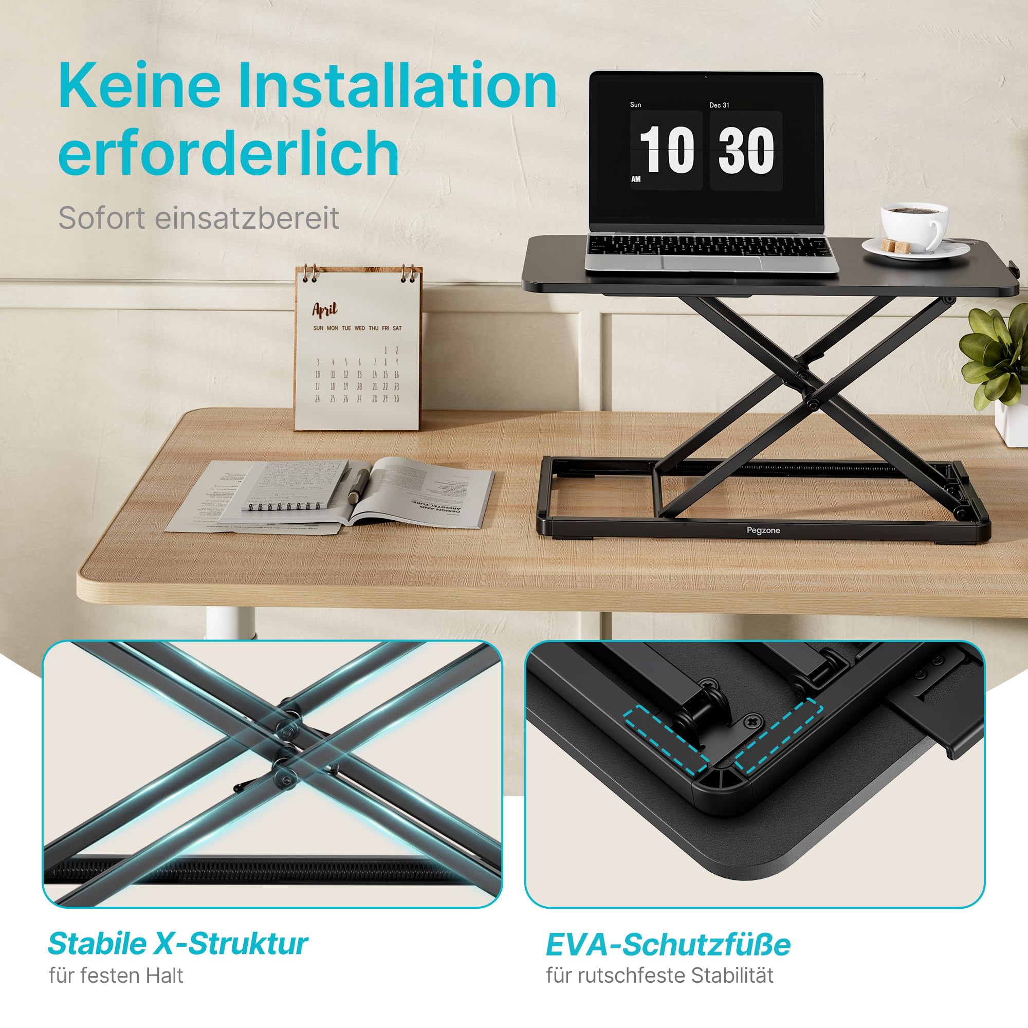 PEGZONE Steh-Sitz Schreibtisch Höhenverstellbar, Ergonomisch Schreibtischaufsatz, 61 x 30 cm Stehpult, Klappbar Laptoptisch, Schwarz