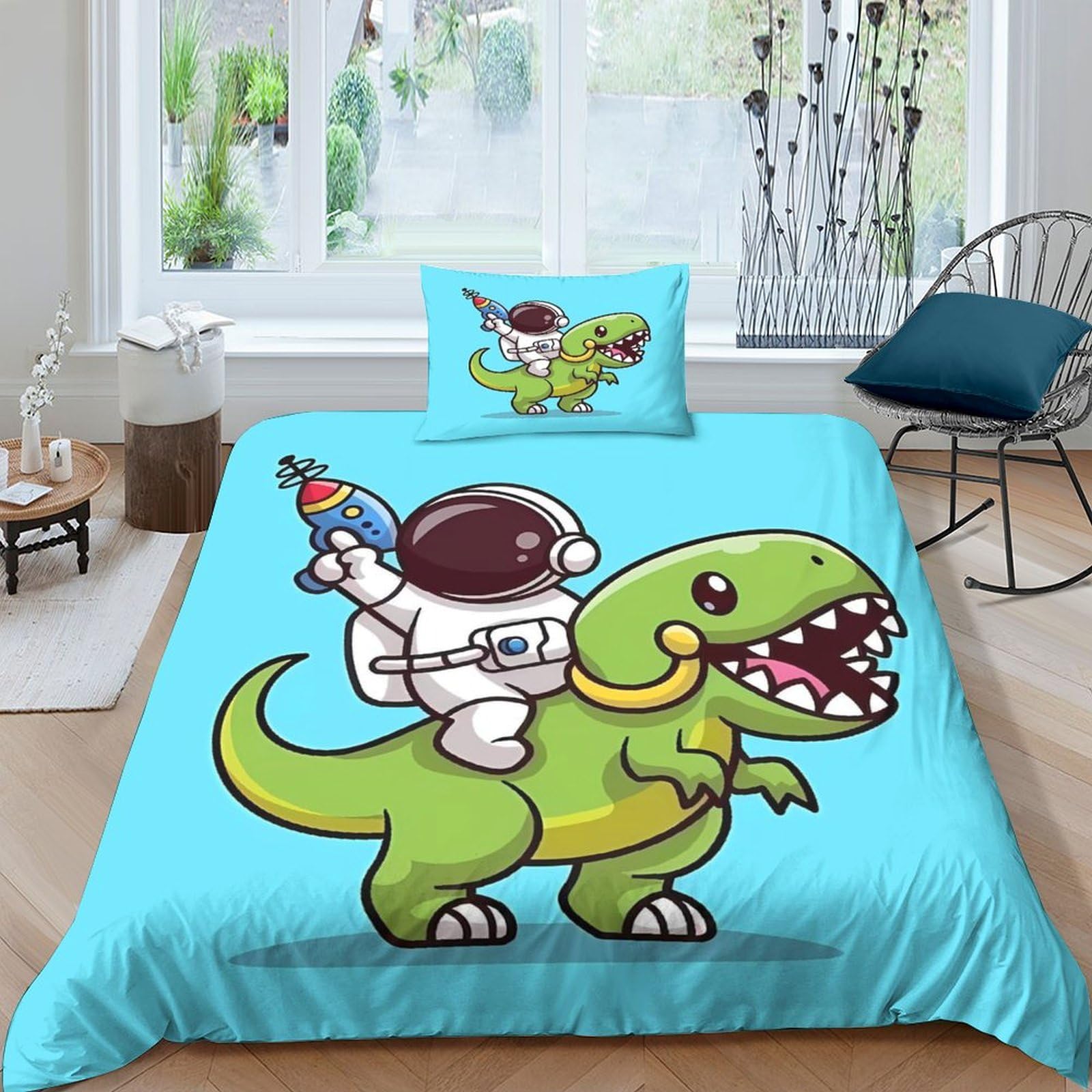 Housse de couette dinosaure 135x200cm avec taies d'oreiller microfibre astronauteeeeeeeeeee