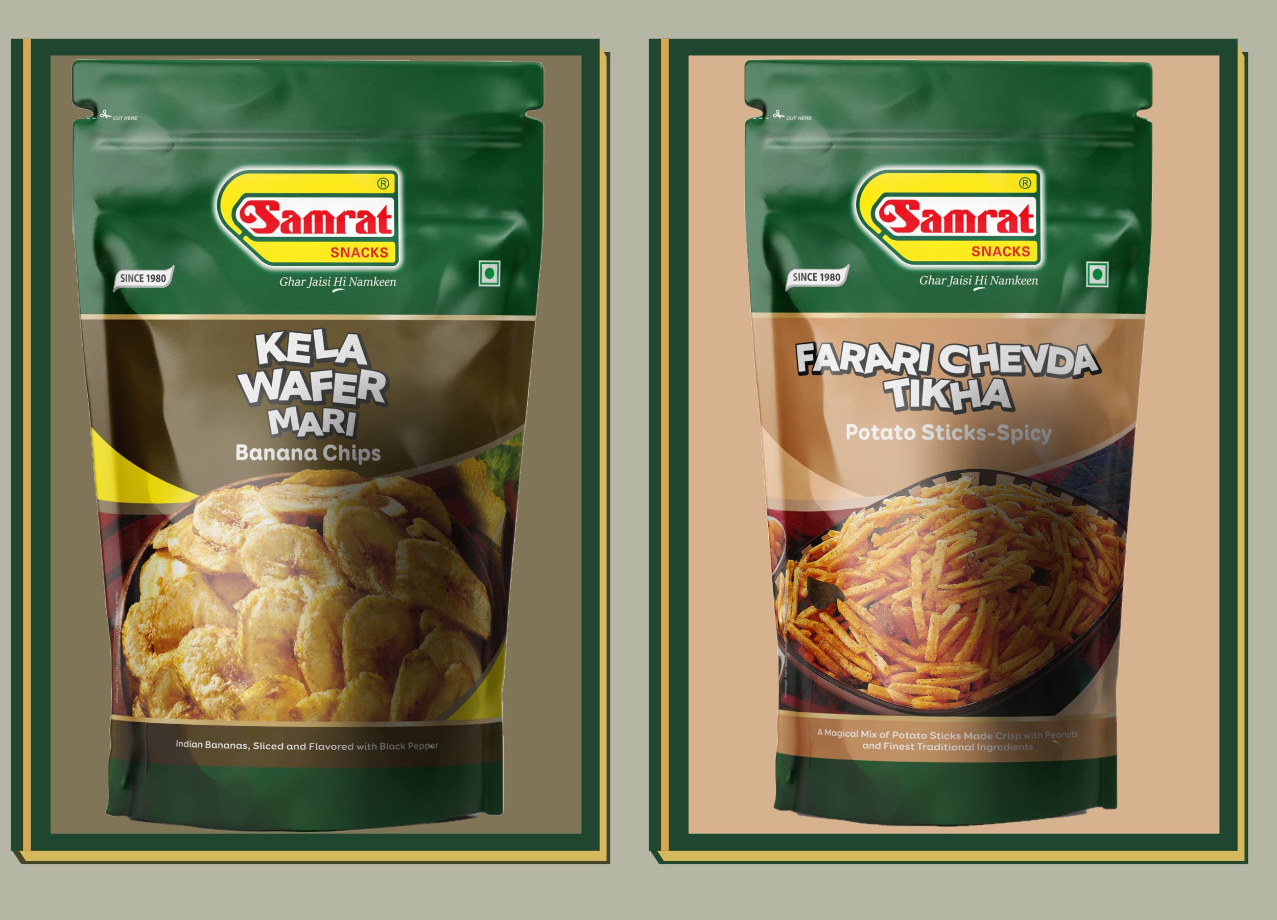 SAMRAT| Assorted Farari Combo Pack of 2 | Farari Chevda Tikha | KELA WAFER MARI Banana Chips | Pack of 2 Snacks |Tasty & Healthy Snacks| Namkeen|2x400g|800g|