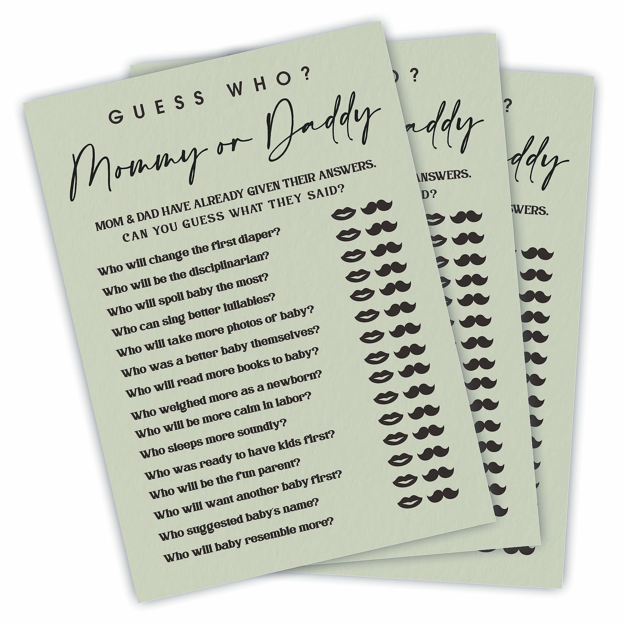 Guess Who? Game Cards For Baby Shower Game & Activity - 5"X7" Mommy Or Daddy Moss Green Double-Sided Fill In Style Game Cards, Gender Reveal Game -
