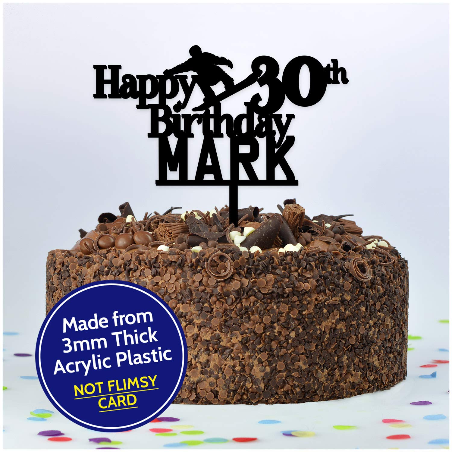 PERSONALISED Snowboarding Happy Birthday Cake Topper - ANY Age ANY Name Snowboarder Birthday Cake Toppers - Winter Sports Cake Decoration - Glitter Gold Silver Black Wooden Cake Topper