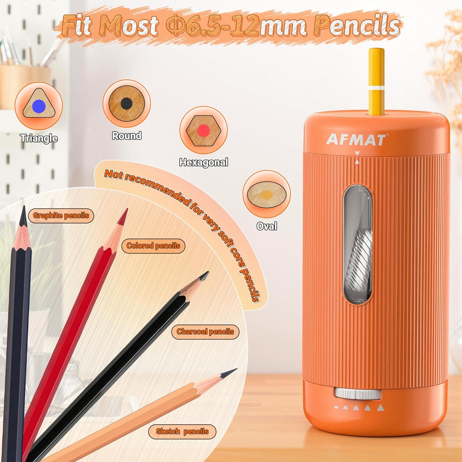 AFMAT Electric Pencil Sharpener, Auto in & Out, 5 Nibs, 7K+ Uses, Fully Automatic Pencil Sharpener for Classroom, Rechargeable Hands-Free Sharpeners for Jumbo/Colored Pencils (φ6.5-12mm) PSC3(Orange)