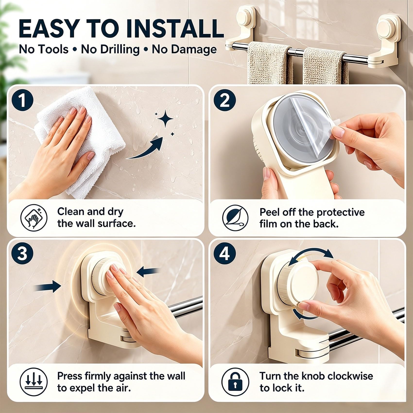 Toallero de Ventosa, Toallero sin Perforar Azulejos, Barra de Toalla Extensible Acero Inoxidable, Toallero Telescópico Ajustable Giratorio para Baño Cocina Ducha(Blanca,65-130cm)