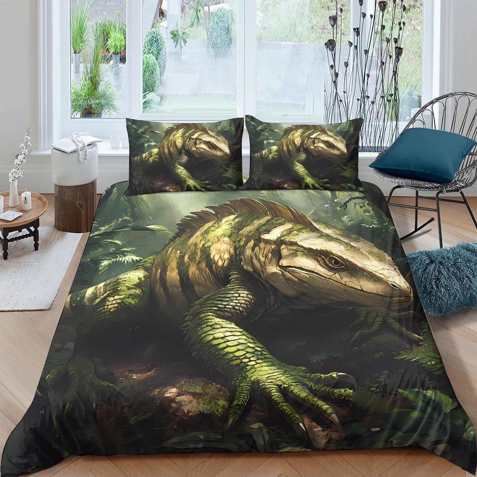 Ctjqhvkz Style-1 3D Printed Forest Lizard Fitted Sheet Microfiber Soft Green Jungle Mattress Cover For Bedroom Guest Room Decor Protection Single（135X200cm）