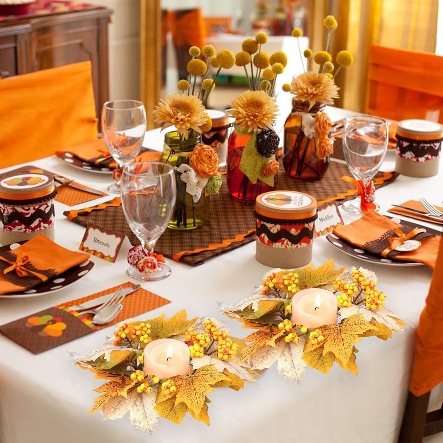 Artificial Maple Leaves Berries Candle Rings Fall Maple Candle Holder Thanksgiving Fall Candle Wreath Farmhouse Centerpieces Door Decoration for Thanksgiving Fall Theme Party