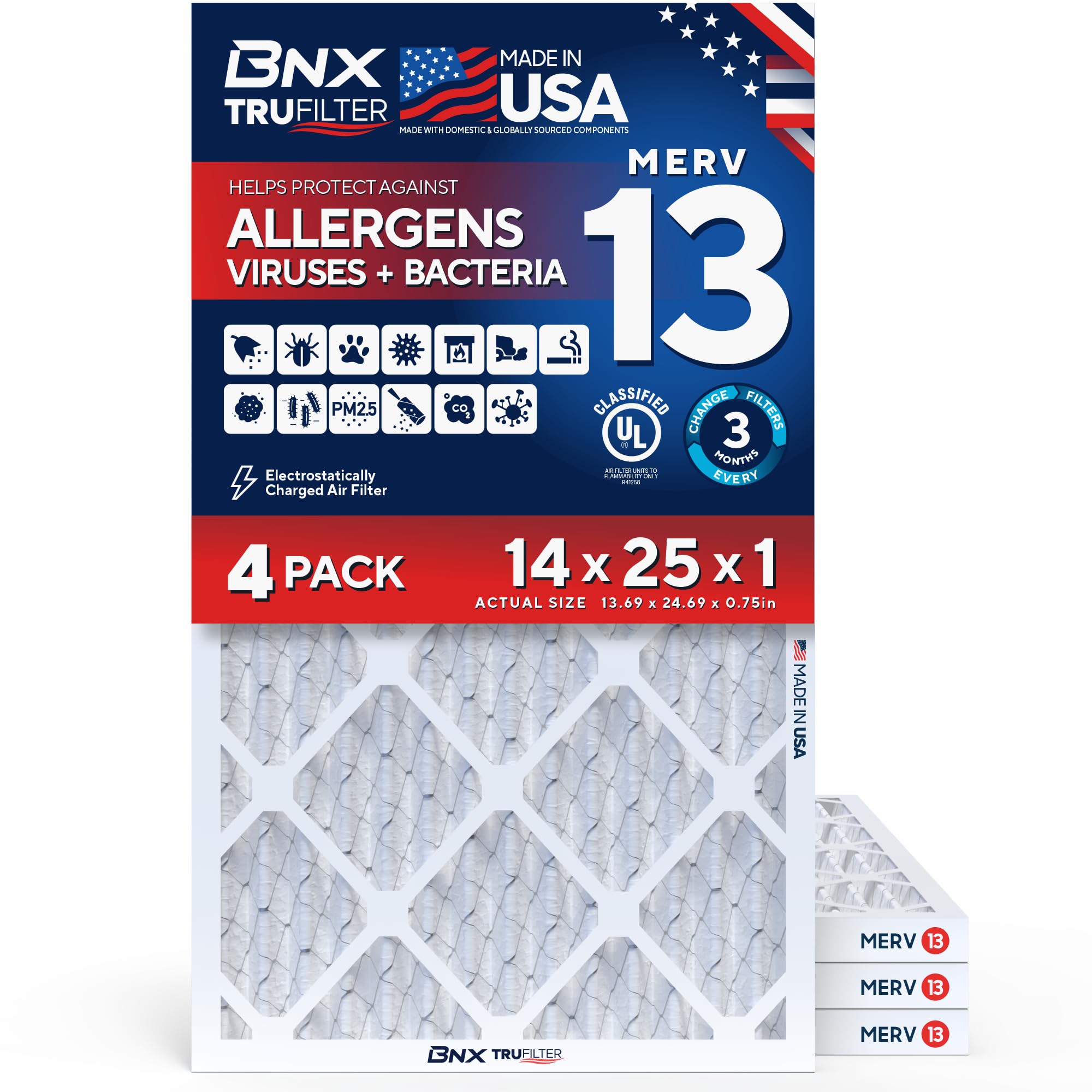 BNX TruFilter 14x25x1 Air Filter MERV 13 AC Filter, HVAC Furnace Filter, 4 Pack (ACTUAL SIZE 13.69"x24.69"x0.75") Allergies, Dust, Pet Dander & Smoke - MADE IN USA - MPR1500 / FPR 10