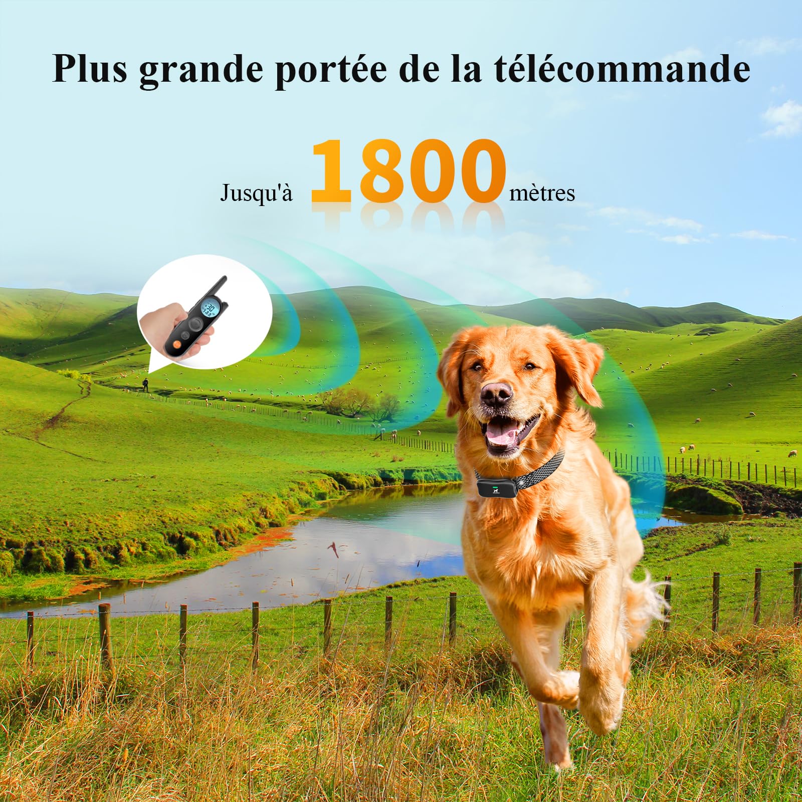 Clôture Électronique et Collier pour Chien avec 14 Niveaux Distance (8-1050m), Système de Clôture, Collier de Dressage pour Chien avec Mode Vibration, Son, Choc, IPX7 Résistant à L’Eau
