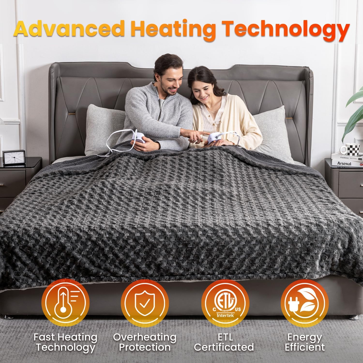 WOOMER Heated Blanket King Size 100" x 90", Electric Blanket with Dual Controls, 0.5-12 Hours Timer & 10 Heating Levels, ETL Certified, Dark Grey Rose Patterns Faux Fur & Sherpa, Machine Washable - Image 5