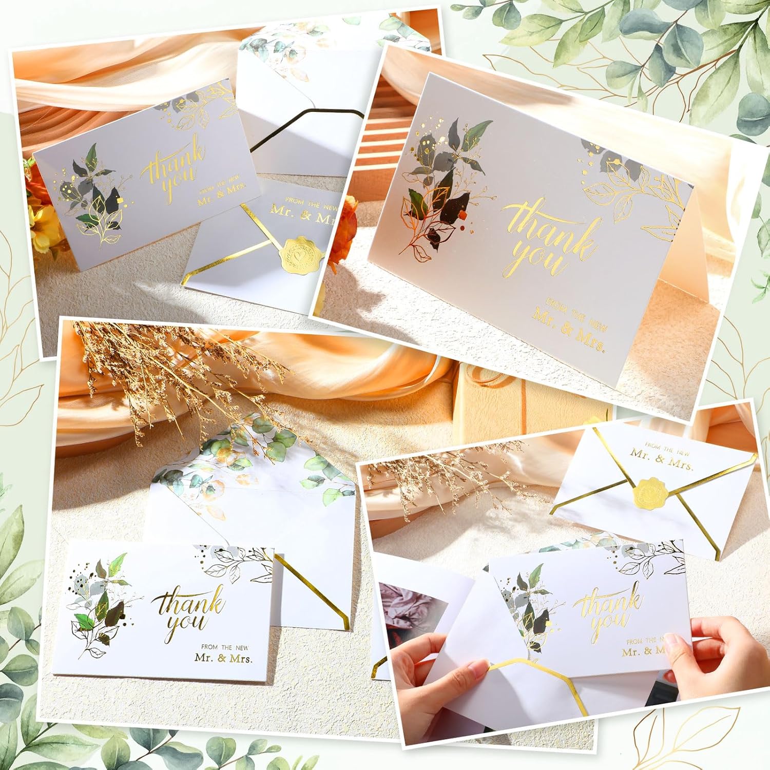 100 Pcs Wedding Thank You Cards with Envelopes Bulk 120 Stickers V Flap Envelopes with Gold Border 4x6 Cards Greenery Gold Foil Thank You from The New Mr & Mrs. - Image 3