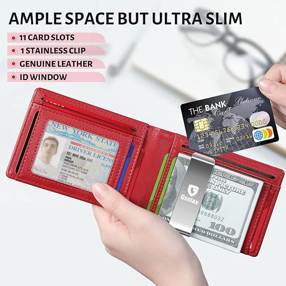 GSOIAX Men's Slim RFID Blocking Leather Wallet with Money Clip | Minimalist Carbon Fiber Bifold Credit Card Holder | 11 Card Slots | Gift Box Included, Leather red, Classic
