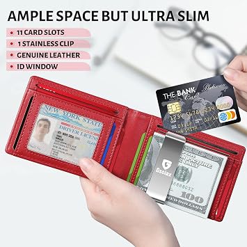 GSOIAX Men's Slim RFID Blocking Leather Wallet with Money Clip | Minimalist Carbon Fiber Bifold Credit Card Holder | 11 Card Slots | Gift Box Included, Leather red, Classic