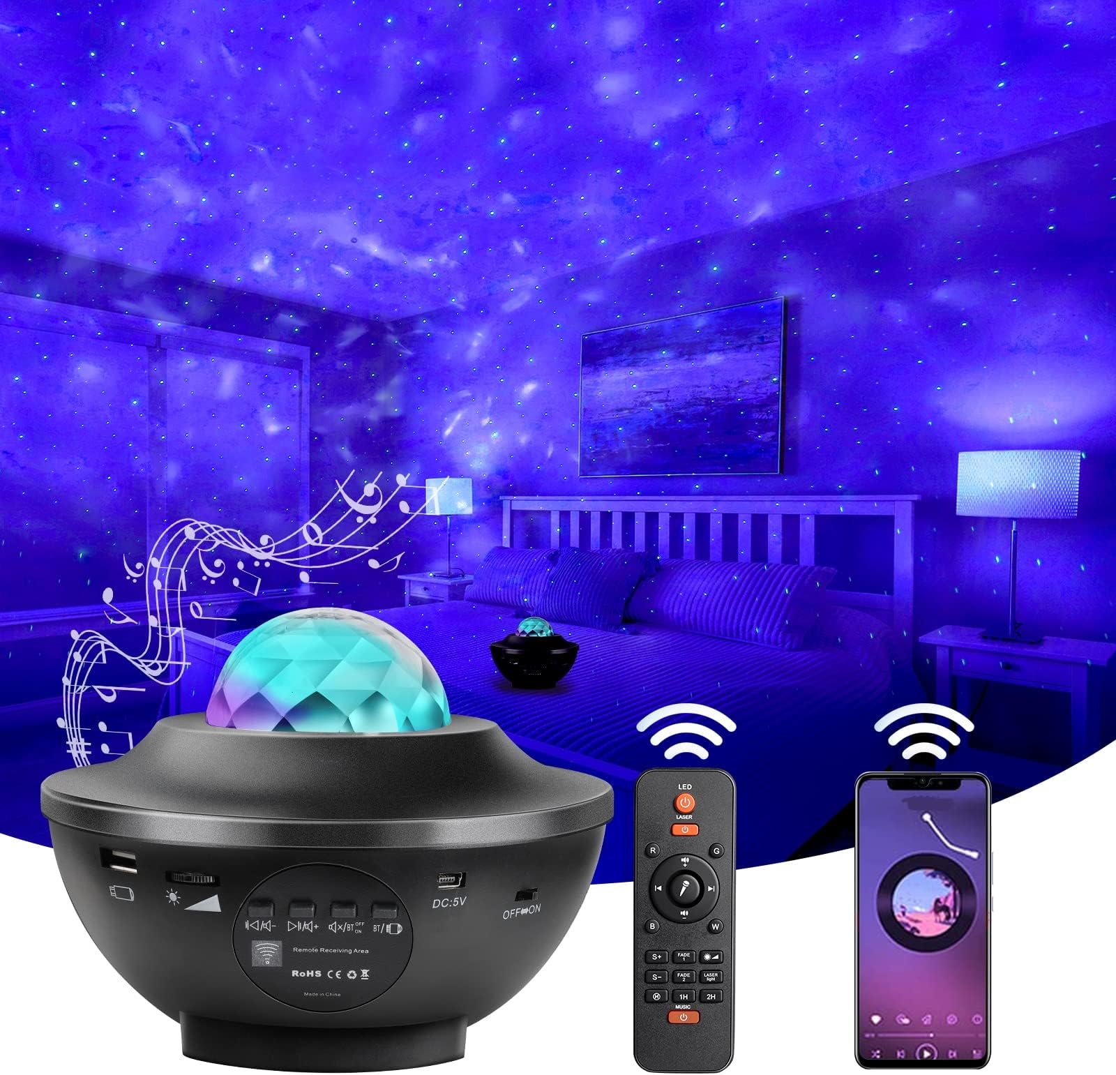Kids LED Starry Sky Projector Light, 12 Color Changing Galaxy Night Light with Bluetooth Music Player, Adjustable Brightness, Remote Control Timing Assistant Sleep, Baby Adult Bedroom Decoration Gift