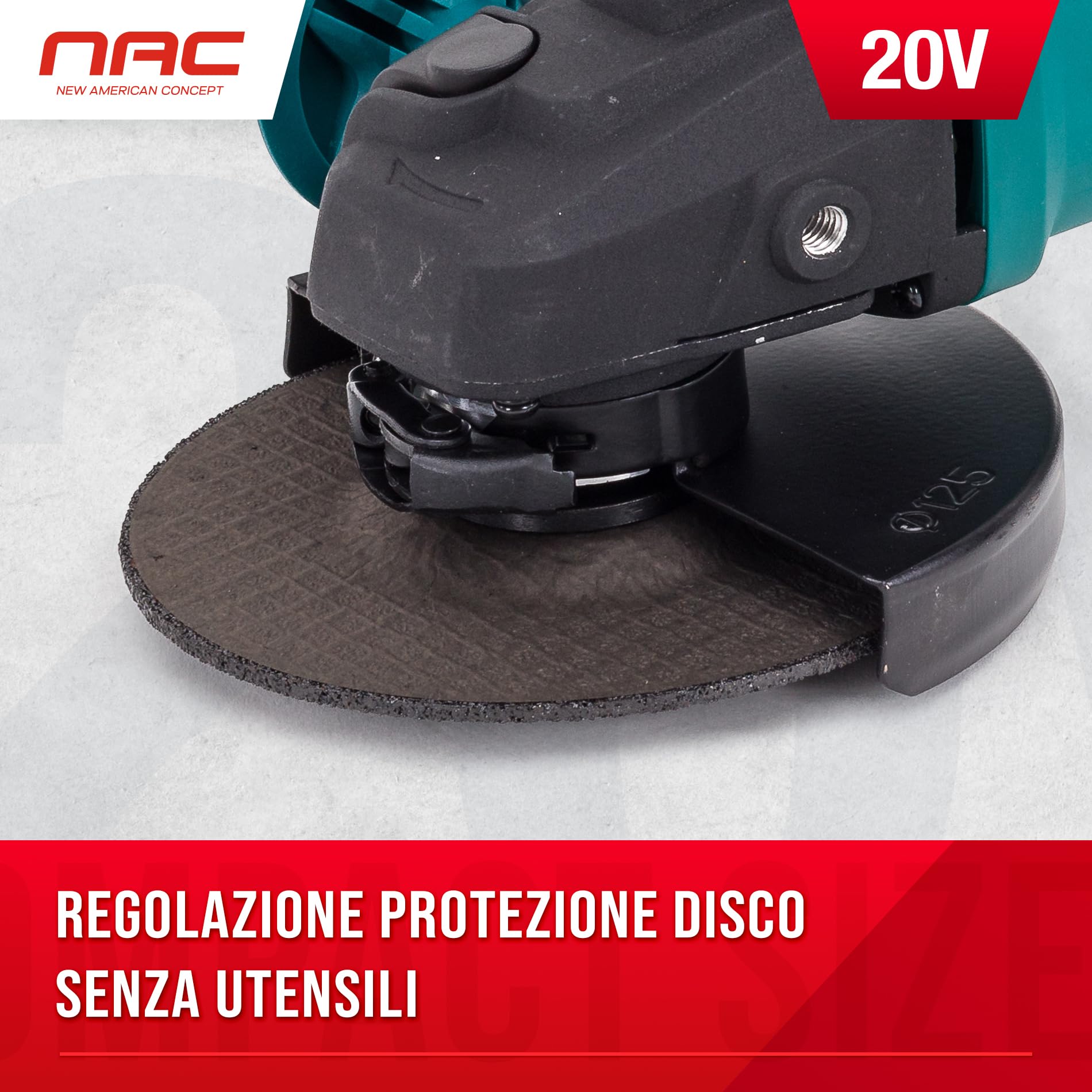 NAC NEW AMERICAN CONCEPT NAC, akumulatorowa szlifierka kątowa 20 V, akumulator 4 Ah, litowo-jonowy, tarcze 125 mm, prędkość obrotowa 10 000, osłona szyby, zielona