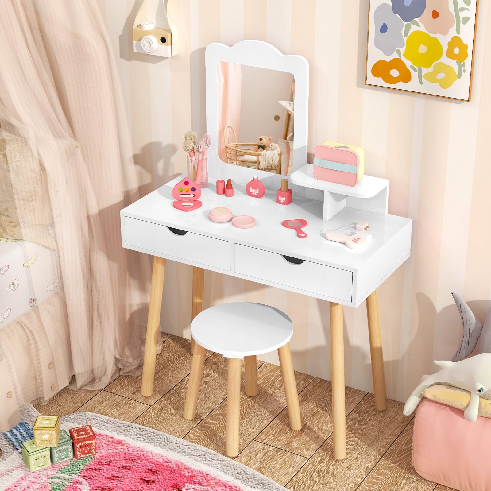 KOTEK Kids Vanity with Mirror and Stool, Princess Makeup Vanity Dressing Table with Detachable Top, 2 Large Drawers, Solid Wood Legs, Vanity Table and Chair Set for Little Girls (White)