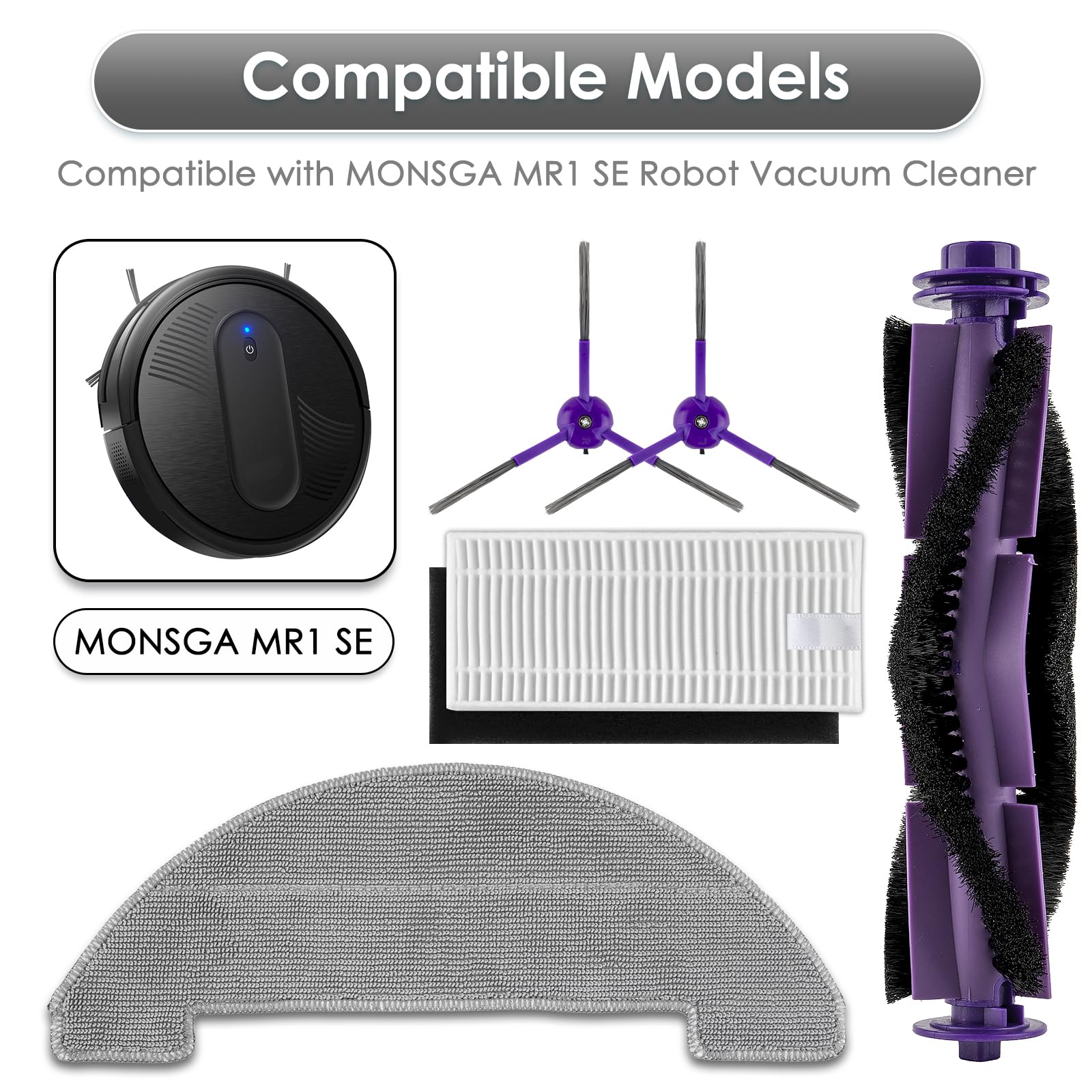 (27 piezas) MR1 SE Piezas de repuesto para robot aspirador MONSGA MR1 SE, 2 cepillos giratorios, 10 cepillos laterales, 10 filtros HEPA con filtros de espuma, 5 paños de fregado, kit de accesorios