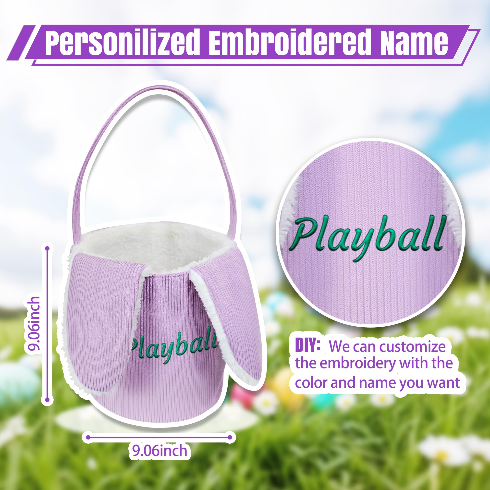 HUTARIO Personalized Easter Basket Egg Hunt Custom Embroidered Bunny Baskets for Kids with Cute Rabbit Ears Storage, Plush Lining, Candies, Easter Party Gifts.(Blue)