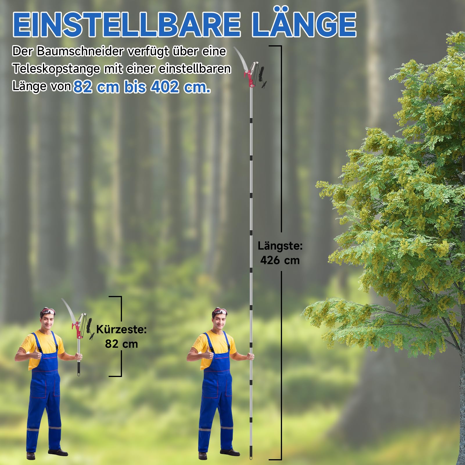 Astschere Teleskop, 82-410cm Teleskop Astschere, mit Teleskopstiel, Einstellbare Länge Seilzug Gartensäge Baumsäge, Leichter Edelstahl Teleskopsäge Hochentaster, Manuell Baumschere für hohe Äst