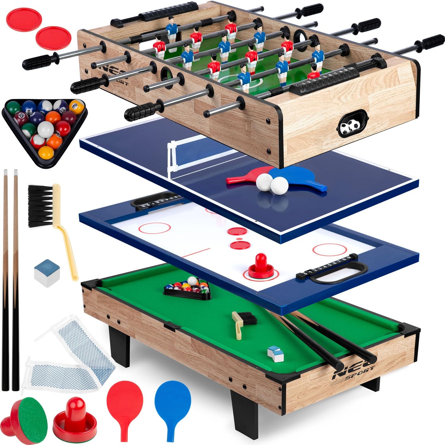 Neo-Sport Table de Jeu 4 en 1, Jeux de Baby-Foot, Hockey sur air, Billard, ping-Pong, 43 x 82 x 32 cm