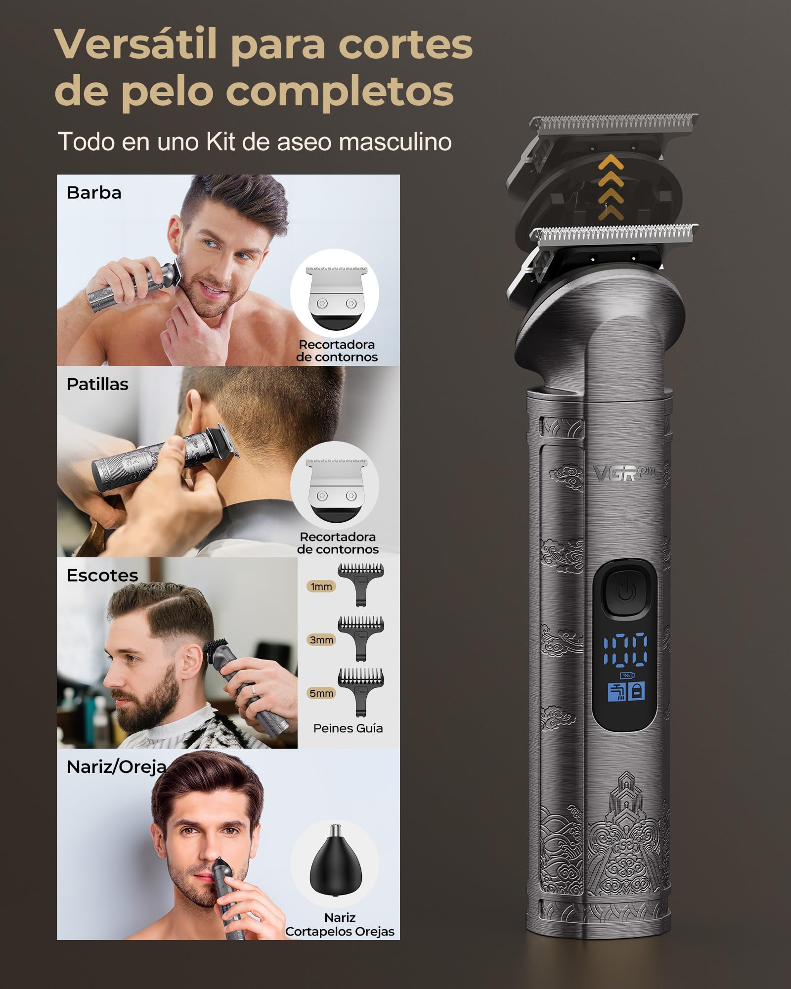 Vgrpro Tagliacapelli uomo professionale, Tagliacapelli Senza Fili per Macchinetta per Capelli, set di Capelli Trimmer e Taglia capelli uomo elettrico Con confezione (Grigio)