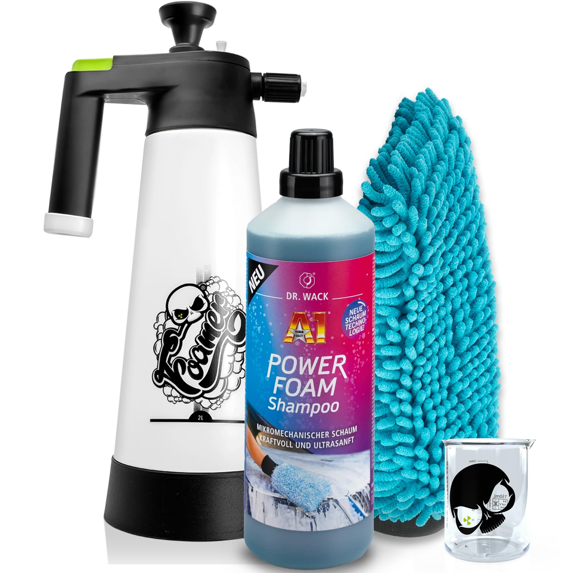 Dr. Wack A1 Power Foam - Shampoo per auto, 1 l + spruzzatore di schiuma + guanto da lavaggio | 2 in 1: pre-pulitore + shampoo per auto con prestazioni di pulizia estremamente forti