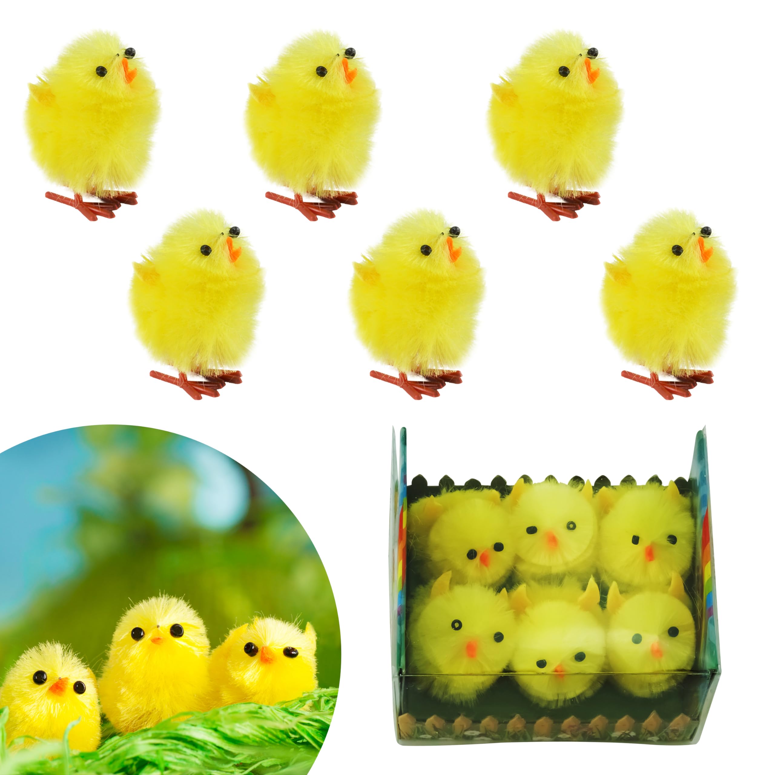 Srvertex 6Pcs Yellow Chicks 6Pcs Easter Chenille Yellow Chicks Fluffy Easter Bonnet Chicks, Adorable Cute Easter Chicks Useful For Easter Basket And Trilby Decorations, Size-4Cm