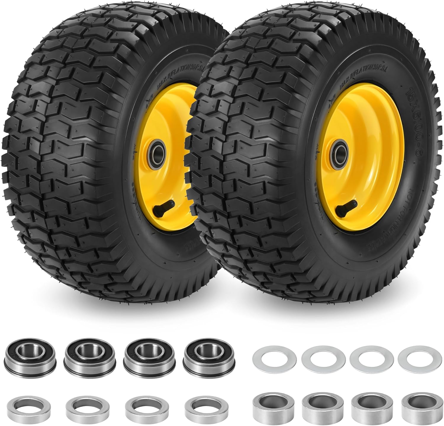 2 Pcs 16x6.50-8 Tubeless Lawn Mower Tire and Wheel, 16x6.5x8 Tires with 3" Offset Hub, 3/4" Bearing & Extra 1" Bushing, Replacement for Riding Mowers and Lawn Tractors Front Tire, 4 Ply