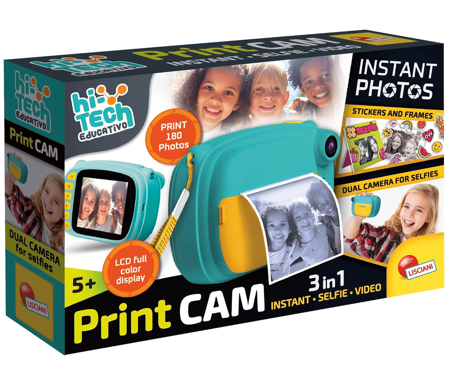 Lisciani Print CAM - Instant Camera - Hi-Tech Educational - 4 Inch Colour Screen - Dual Camera for Selfie - Video - 180 Photos - Frames and Stickers - Ages 5+